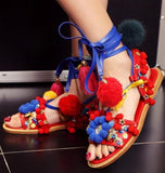 Multicolor Pompom & Tassels Leather Sandals - DESIGNER INSPIRED FASHIONS