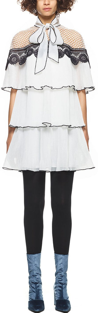 Monochrome Pleated Embroidery Dress