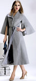 Flared Cape-Sleeve Textured Long Wool Coat in Grey - DESIGNER INSPIRED FASHIONS