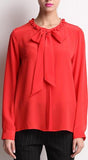 Red Silk Blouse with Ruffle Collar & Bow Tie