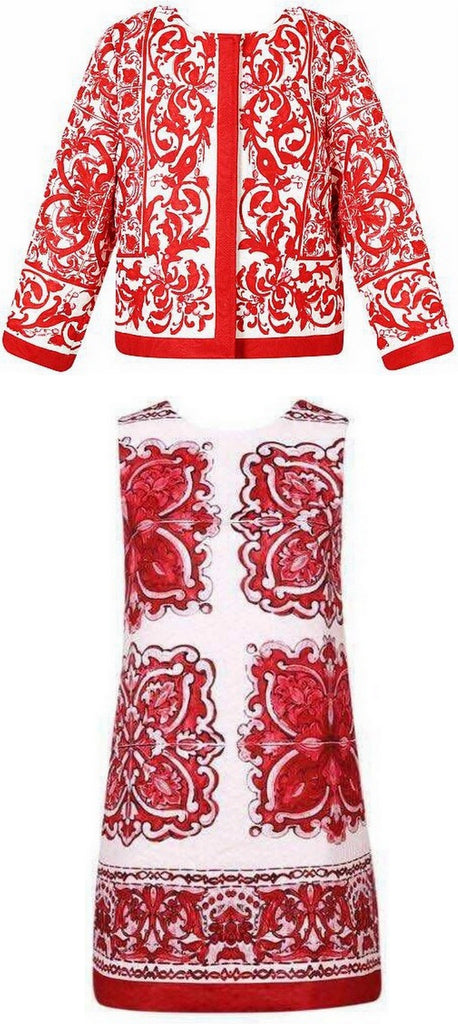 Porcelain Print Jacket & Dress Set, Red - DESIGNER INSPIRED FASHIONS