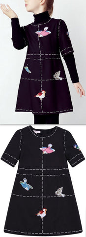 Bird-Embroidered Black Dress - DESIGNER INSPIRED FASHIONS