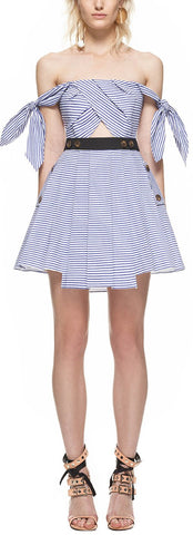 Stripe Shirting Tie Detail Mini Dress - DESIGNER INSPIRED FASHIONS