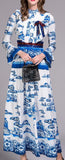 Embellished Ruffled Printed Dress - Blue & White - DESIGNER INSPIRED FASHIONS