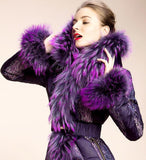 Belted Fur-Trimmed Down Coat in Purple - DESIGNER INSPIRED FASHIONS