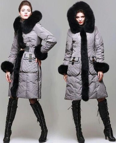 Belted White Duck Down Fur-Trimmed Coat in Grey or Black - DESIGNER INSPIRED FASHIONS
