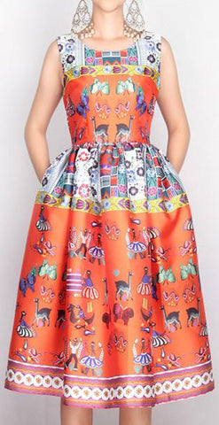 Printed Sleeveless A-Line Dress - Orange - DESIGNER INSPIRED FASHIONS