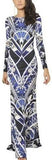 Long Silk Geometric Print Gown - Blue - DESIGNER INSPIRED FASHIONS
