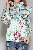 Radish Print Ruffle-Bib Blouse - Light Blue or Yellow