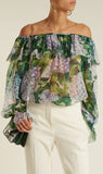 Hydrangea Print Off-The-Shoulder Silk Chiffon Blouse