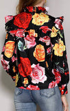Roses Print Ruffle-Bib Blouse, Black