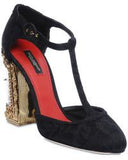 Black Embellished Sacred Heart Brocade Heeled Shoes - DESIGNER INSPIRED FASHIONS