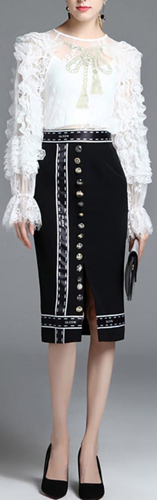 Embroidered Ruffled Lace Blouse & Button-Embellished Printed Skirt - DESIGNER INSPIRED FASHIONS