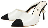 Goatskin Leather Cap Toe Heels Mules - White/Black