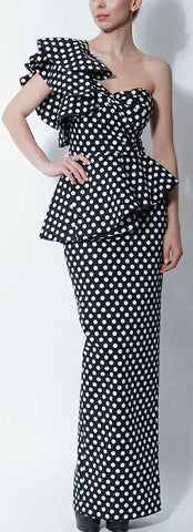 Long Polka Dot Print Dress-Black & White - DESIGNER INSPIRED FASHIONS