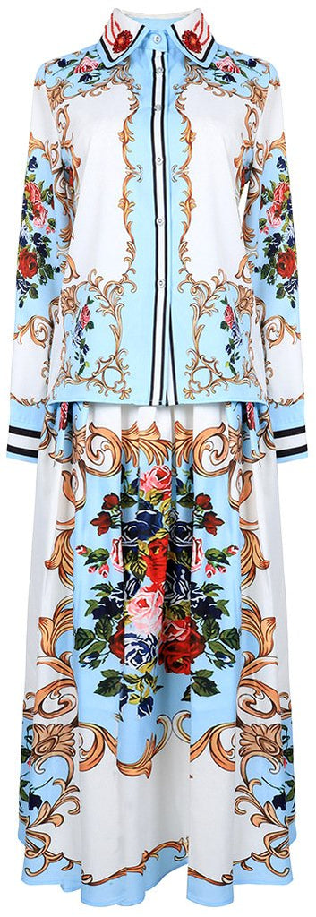 Floral Baroque Printed Blouse and Skirt Set