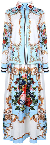 Floral Baroque Printed Blouse and Skirt Set