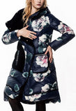 Floral Print Velvet Lined White-Duck-Down Coat in Deep Blue or White