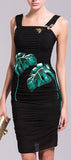 Banana Leaf Embroidered, Bee Embellished Ruched Fitted Dress in Black - DESIGNER INSPIRED FASHIONS