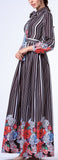 Floral & Stripe Print Neck-Tie Long Dress-Black - DESIGNER INSPIRED FASHIONS