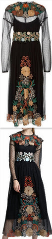 Black Floral-Embroidered Mesh Midi Dress - DESIGNER INSPIRED FASHIONS