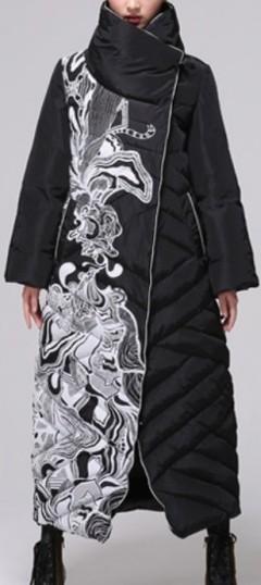 Printed Paneled Long Puffer Coat, Black
