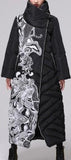 Printed Paneled Long Puffer Coat, Black