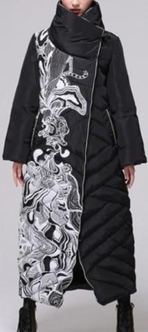Printed Paneled Long Puffer Coat, Black