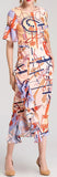 Ruffle-Contrast Printed Midi Dress