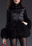 Short Puffer Down Coat with Sheep Wool/Fur, Black