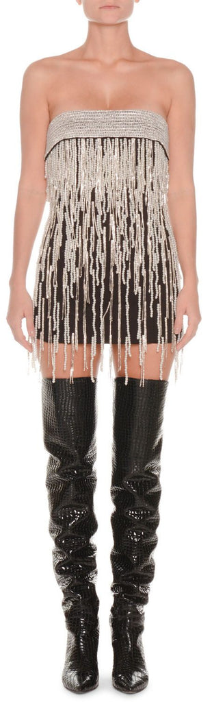 Strapless Crystal-Beaded & Pearlescent Fringe Satin Mini Cocktail Dress