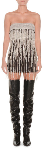Strapless Crystal-Beaded & Pearlescent Fringe Satin Mini Cocktail Dress