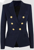 Double-Breasted Cotton-Blend Blazer-Dark Blue - DESIGNER INSPIRED FASHIONS