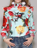 Roses Print Ruffle-Bib Blouse, Light Blue