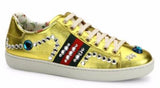 New Ace Jeweled Metallic Leather Sneakers, Gold