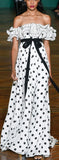 Ruffled Off-the-Shoulder Polka-Dot Dress