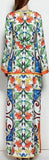 Majolica Print Multicolored Long Embellished Tunic Dress