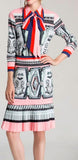 Printed Pussy-Bow Shirt & Pleated Printed Skirt Set