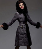 Belted White Duck Down Fur-Trimmed Coat in Grey or Black - DESIGNER INSPIRED FASHIONS