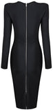 Black Long-Sleeve Asymmetric-Neckline Bodycon Knee-Length Dress