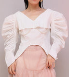 Ruched Puff-Sleeve Pearl-Embellished Top