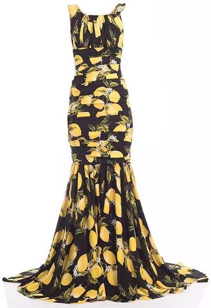 Lemon Print Long Ruched Sleeveless Gown - DESIGNER INSPIRED FASHIONS