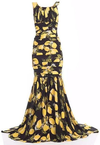 Lemon Print Long Ruched Sleeveless Gown - DESIGNER INSPIRED FASHIONS