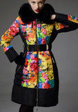 Multi-Colored Floral Print Down Coat with Fox Fur Trim - DESIGNER INSPIRED FASHIONS