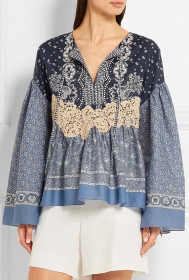 Lace-Appliqued Printed Cotton-Voile Blouse - DESIGNER INSPIRED FASHIONS