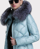 Rhinestone Studded Fur-Collar Puffer Down Coat, Light Blue