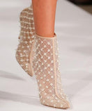 Pearlette Beaded Mesh Leather Ankle Boots