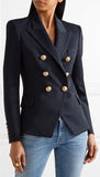 Double-Breasted Cotton-Blend Blazer-Dark Blue - DESIGNER INSPIRED FASHIONS