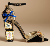 Black Velvet Sandal with Sculptural Heel & Embroidery - DESIGNER INSPIRED FASHIONS
