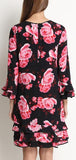 Rose-Printed Ruffle-Trimmed Silk Blend Shift Dress - DESIGNER INSPIRED FASHIONS